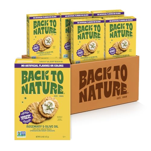 Back to Nature Rosemary &amp; Olive Oil Stoneground Wheat Crackers, Non-GMO, Vegan Friendly Snack Cracker, Made with Whole Grains &amp; Flax Seed, 5oz Box (Pack of 6)