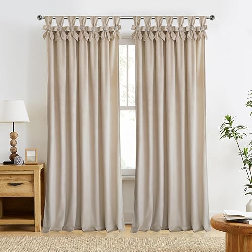 HIG Beige Velvet Curtains 84 Inches Room Darkening Drapes with Handmade Bow Tie Pearl Tabs for Living Room Thermal Insulated Window Treatment for Bedroom W52 x L84 inch 2 Panels
