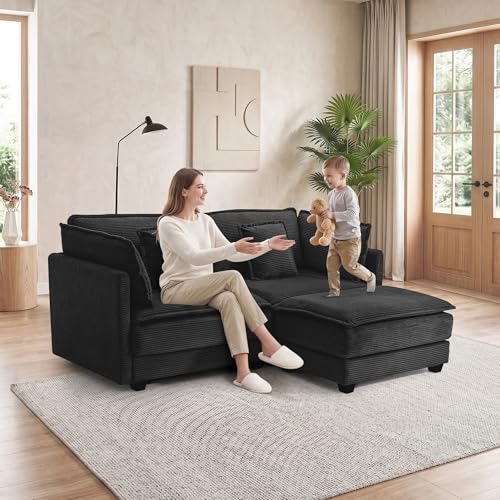 Image of 78.4 inch Corduroy Loveseat Sectional, Small L Shaped Sofa Couch with Ottoman for Apartment, Office, or Bedroom, Black