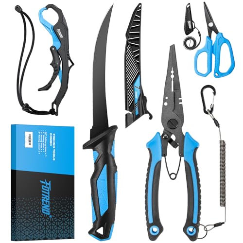 Image of Fishing Tool Kit, Fishing Gear - Fishing Plier with Sheath, Fillet Knife, Fishing Scissors, Fish Lip Gripper, Tool Retractor, Keychain Bottle Opener, Fishing Gifts for Men