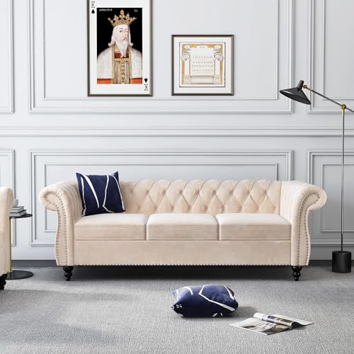 Image of A to Z Furniture Modern Classic Fabric & Valvet Tufted Chesterfield Sofa Living Room and Office (Beige)