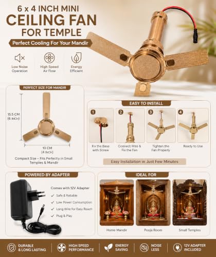 Image of TULSI AGARBATTI & POOJA HOUSE Mini Ceiling Fan for Temple | 6 x 4 Inch Small Mandir Fan with 12V Adapter | High Speed Low Noise Pooja Room Cooling
