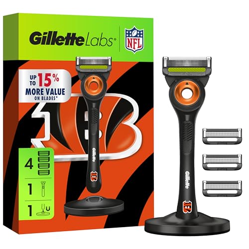 Gillette Labs Special NFL Bengals Edition Shaving Razor for Men - 1 Handle 4 Razor Blade Refills & Magnetic Stand GilletteLabs with Exfoliating Bar