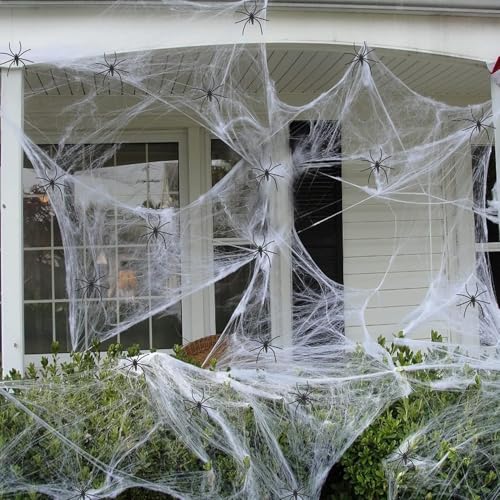 Diyxisk 60 peças lustre Halloween, 100 g teias de aranha Halloween, medo aranhas, tecido de aranha, decoração de casas encantadas, festas, jardins, áreas interiores e exteriores