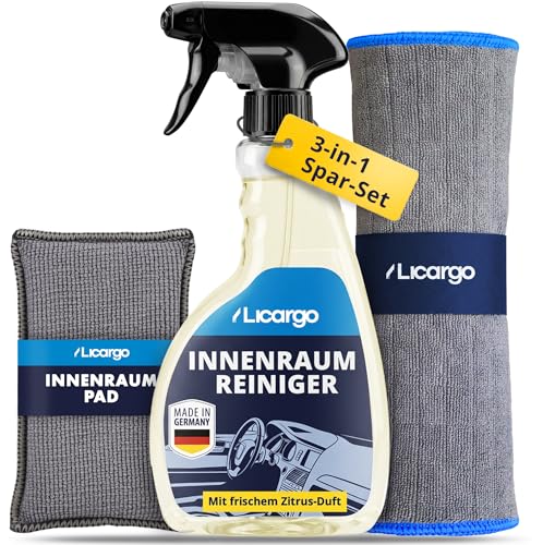 LICARGO Auto Innenraum Reiniger Set Innenraumreiniger (500ml) + Innenraum-Pad + 380GSM Mikrofasertuch für Kunststoff Leder Alcantara Polster & Armaturen Cockpitpflege Autopflege