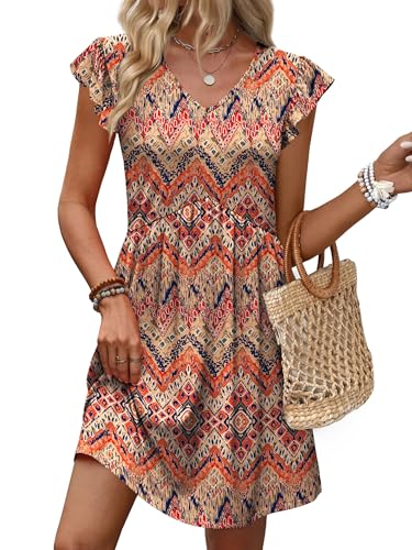 Image of OFEEFAN Summer Dresses for Women Beach Vacation Clothes V Neck Ruffle Sleeve Babydoll Dress Elegant Classy Sundress