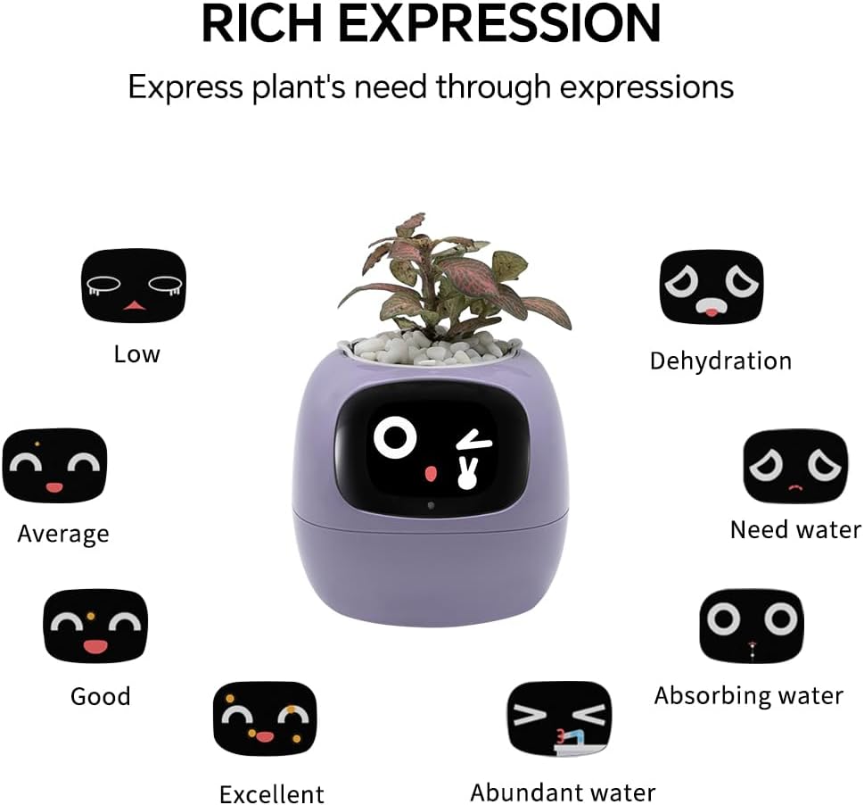 Smart Plant Pot with Expression, AI Intelligent Flower Pot for Indoor Decoration, Smart Garden Pot with Water/Light/Temperature Sensors, Ivy AI Planter (Purple)