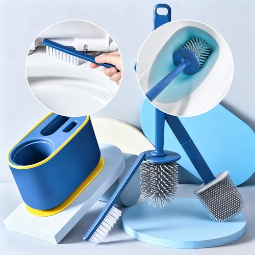 Image of Toilet Brush Set, Bathroom Accessories, Toilet Bowl Cleaners, Deep Cleansing Multifunctional Hanging Toilet Brush Set for Bathroom(Bule)