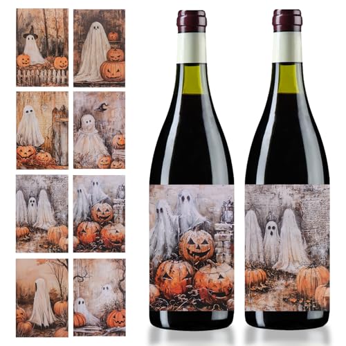 URROMA 32 Pcs Halloween Wine/Beer Bottle Labels Vintage Bottle Label Stickers with Pumpkin Ghost Spider Patterns for Halloween,8 Styles
