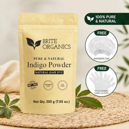 Image of Natural & Pure Indigo Powder for Grey hair (ZERO CHEMICAL), Large Pack, Organic Indigo Powder for hair Black. NO PPD, NO AMMONIA. Microfine & Triple Filtered, with Gloves & Cap, Avuri Akulu, Indigofera Tinctoria(200gm)