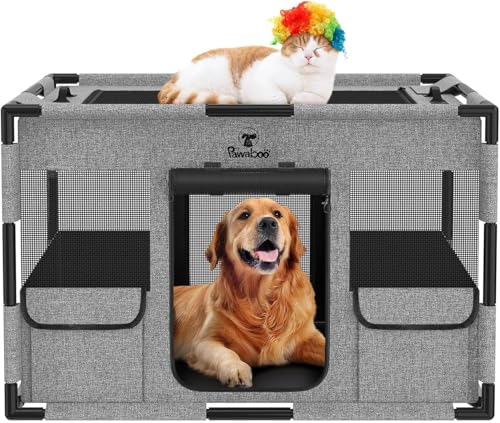 Pawaboo Box per Cani Cassa per Animali Domestici Extra Large, Cuccia per Cani in Rete, PVC Ispessito Telaio del Tubo Tenda, Recinto per Animali Domestici Traspirante, Grande, Nero & Grigio