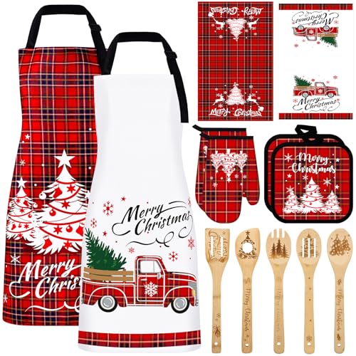 13 Pcs Christmas Kitchen Gifts Set, Kitchen Christmas Decorations with Xmas Oven Mitts Xmas Buffalo Plaid Towels Aprons Pot Holders Wooden Spoons for Home Cooking