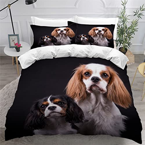 3D Chien de Compagnie Housse de Couette 200x200cm,éPagneul Cavalier King Charles Mignon Parure de Lit,Noir Animal Chien Housse Couette Enfants Garçon Fille 2 Personne ,2 Taies d'Oreillers 50x75cm Cover