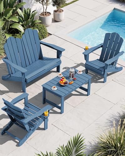 Image of SERWALL 4-Pc HDPE Adirondack Set, 2 Chairs, 1 Bench & 1 Coffee Table, Navy