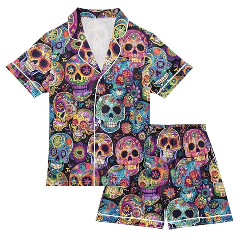 ALAZA Sugar Skull Flower Floral Black Satin Pajamas Set Short Sleeve Button Down Sleepwear Summer Pjs 2 Piece