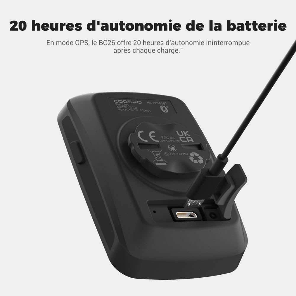 COOSPO BC26 Compteur Velo sans Fil GPS, Bluetooth 5.0 Ordinateur Vélo GPS Kilométrique Odomètre, Écran LCD rétroéclairé de 2.3 Pouces Compatible avec Strava, Route et VTT