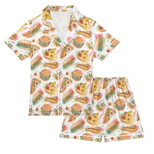ALAZA Cute Pizza Hamburger Satin Pajamas Set Short Sleeve Button Down Sleepwear Summer Pjs 2 Piece