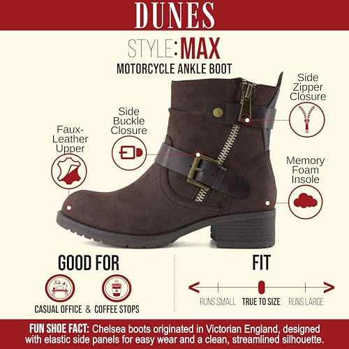 Image of Dunes Max Motorcycle Womens Ankle Boots - Comfortable Booties for Women with Zipper & Buckle, Combat Boots Style, Memory Foam, Wide Width Options