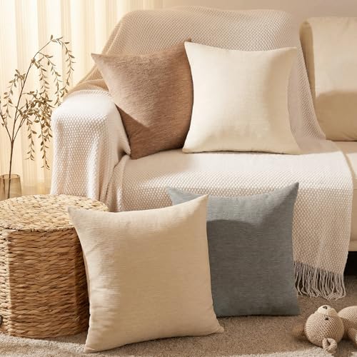 Set of 4 Neutral Throw Pillow Covers 18x18 Inch, Neutral Boho Farmhouse Aesthetic Decorative Pillow Cases for Couch, Sofa, Living Room & Bed, Soft Chenille Pillow Cases, Stylish Home Decor, 45x45 cm