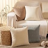 Set of 4 Neutral Throw Pillow Covers 18x18 Inch, Neutral Boho Farmhouse Aesthetic Decorative Pillow Cases for Couch, Sofa, Living Room & Bed, Soft Chenille Pillow Cases, Stylish Home Decor, 45x45 cm