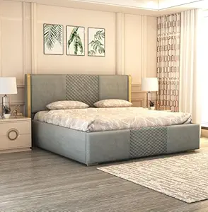 MODESTY WOODS Solid Wood Upholstered King Size Bed with Box Storage Wooden Double Bed Fabric Cot Palang for Bedroom Living Room (Grey)