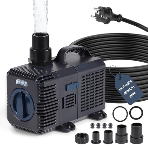 CPROSP Pompe Bassin Exterieur 4000L/H, Pompe pour étang Hauteur de Refoulement 3,6 m, Ultra-économe 20W avec Câble de 5m, Débit Réglable, pour Filtre...