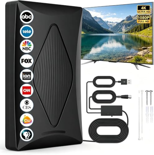 Antena de TV 2026 para TV digital interior/exterior, 200% más amplio alcance de señal inteligente HDTV de largo alcance para canales locales, compatible con 4K, 8K, 1080p con amplificador de señal