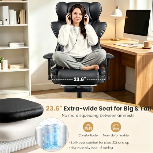 Image of Big & Tall Office Chair, Ergonomic High Back with Footrest Black | 400 LBS Heavy Duty Steel Frame for Plus-Size Users, 23.6 inch Wide Cushioned Seat, 165 Recline, Ajustable Arms, Lumbar Support