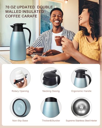 Image of 70 OZ Updated Thermal Coffee Carafe for keeping hot, 2 PCS Carafes for hot liquid, Insulated Coffee Carafe Stainless Steel Vacuum Thermal Pot for Coffee, Hot Water,Keep Hot 12 Hours (Blue+Blue)