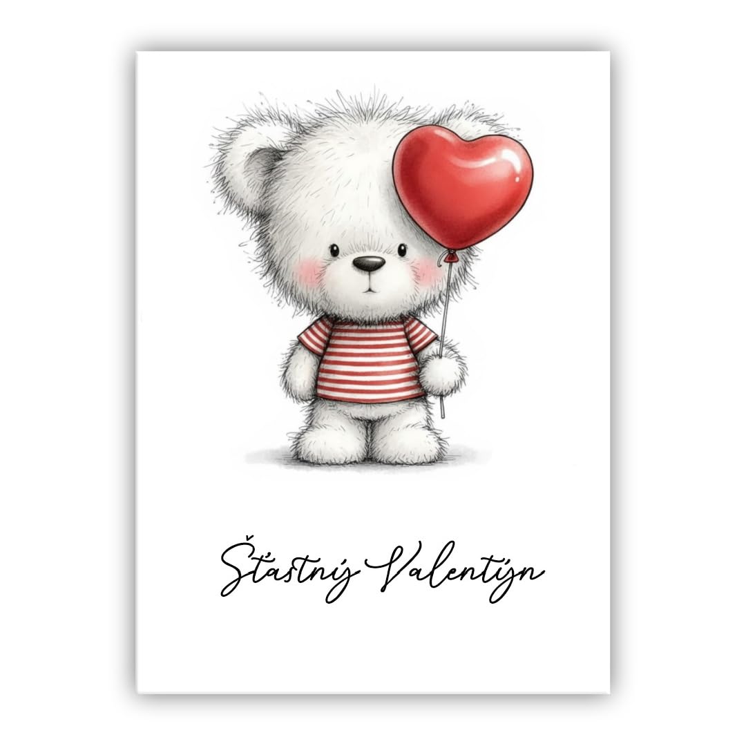 Multilingual Valentine’s Day Card – Cute Bear with Heart Balloon – Romantic Greeting Card for Husband, Wife, Boyfriend, Girlfriend (• Czech: Šťastný Valentýn)