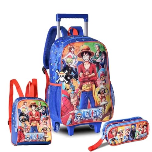 Kit Mochila Rodinha 16, Lancheira e Estojo Duplo One Piece - Clio Style