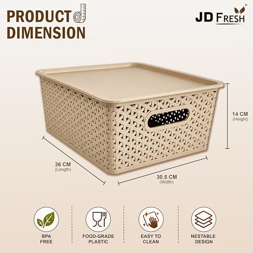Image of JD Fresh Pack of 3 Premium Plastic Storage Basket with Lid /Smooth Handle Design&Stackable Storage Organizer /Durable Kitchen Storage Basket for Clothes, Vegetables, Fruits, Toys and Stationery(Biscuit)