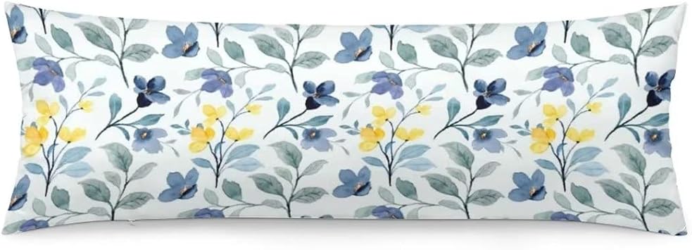 Watercolor Flowers Body Pillow Cover Yellow Blue Floral Sage Green Leaves Long Pillow Case with Zipper Decorative Large Bedding Pillowcase Cushion Covers for Bedroom,Couch,Sofa,Home Gifts 20"x54"