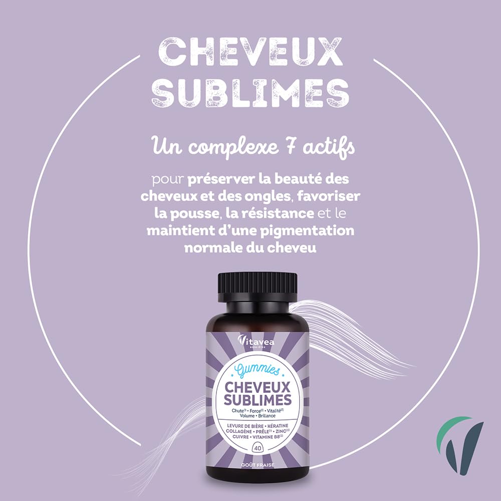 Vitavea Bien-être - Gummies Cheveux Sublimes - Favorise la Pousse - Biotine, Levure de Bière, Kératine, Zinc, Collagène - Anti-Chute, Volume, Brillance - 40 Gummies Fruits Rouges