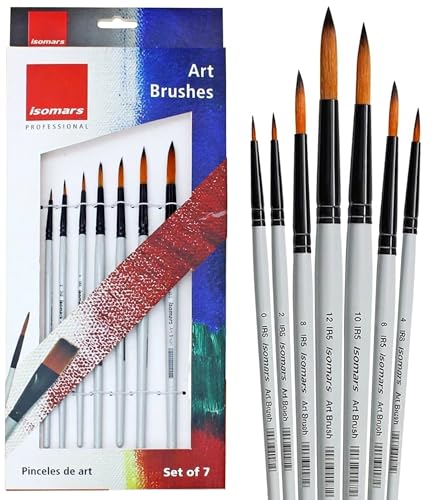 Image of Isomars Professional Round Paint Brush Set of 7 - Professional Golden Taklon Brushes for Watercolor, Acrylic & Oil Painting | Wooden Handle Artist Brushes for Detail Painting, Students & Designers