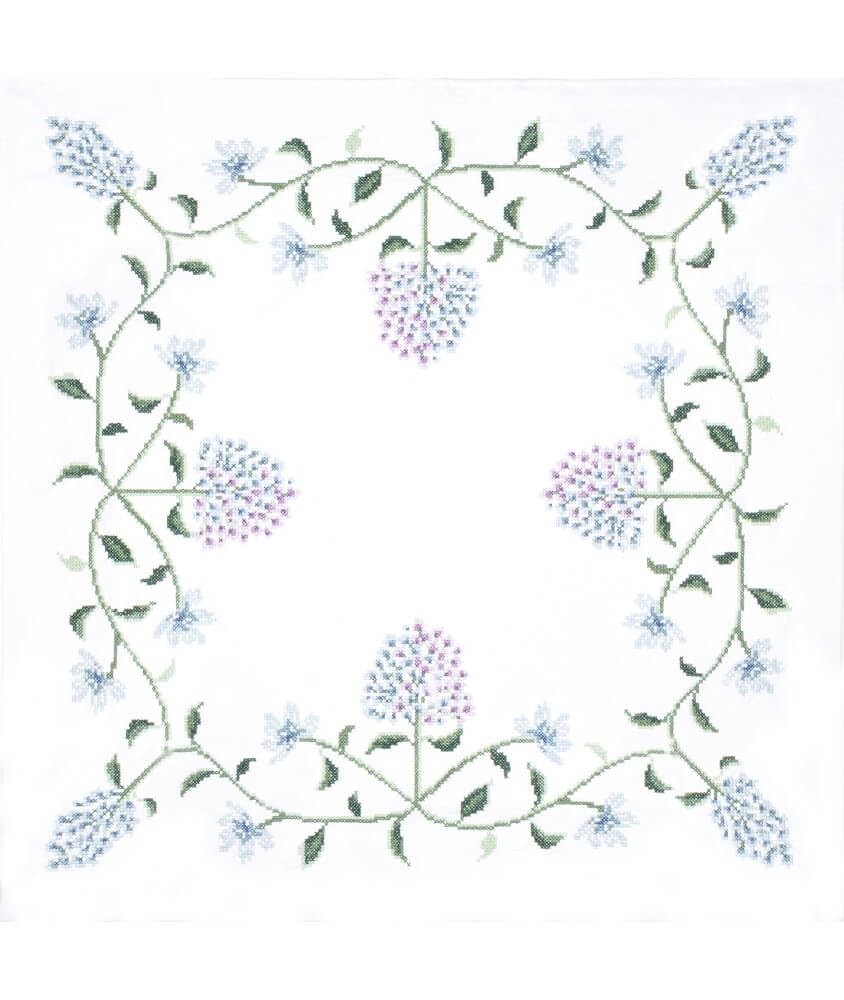 Trimits Cross Stitch Kit - Tablecloth - Includes Printed Fabric, Threads, Needle & Instructions, 80 x 80cm, Floral Hydragea