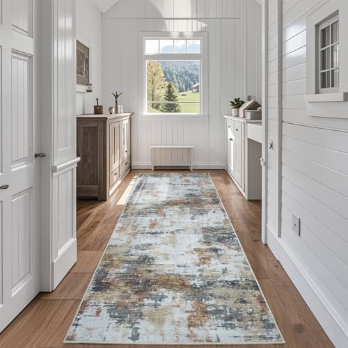 Runner Rug for Hallways Kitchen 2'6"x8' Washable Non Slip: Carpet Non Skid 8ft Entryway Rubber Backed 8 Feet Neutral Abstract Modern Rug Low Pile Pet Friendly Indoor Yellow Brown