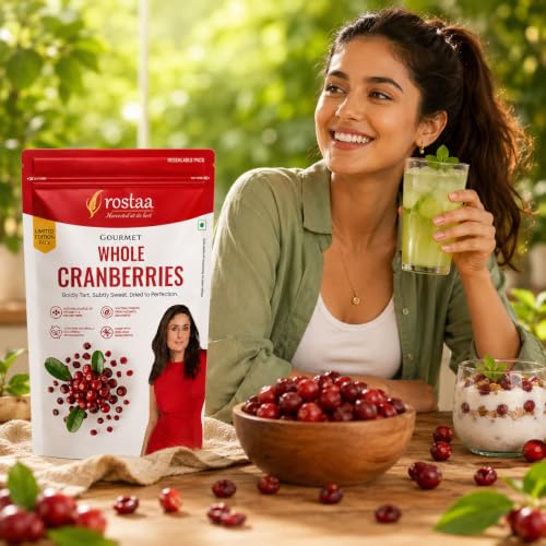 Image of Rostaa Gourmet Whole Cranberries 200 gms | Rich in Antioxidants, Fiber & Vitamin C | Supports Immunity, Digestion & Heart Health | Premium & 100% Natural Snack (200 GM (Pack of 2))