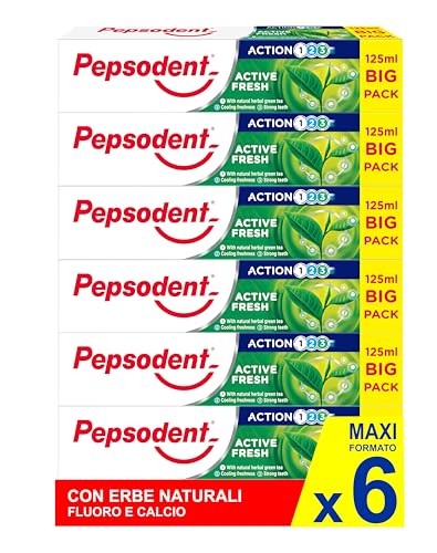 Pepsodent dentifricio 125 ml Active Fresh | Con erbe naturali e green Tea | BIG PACK (pacco da 6x125ml)