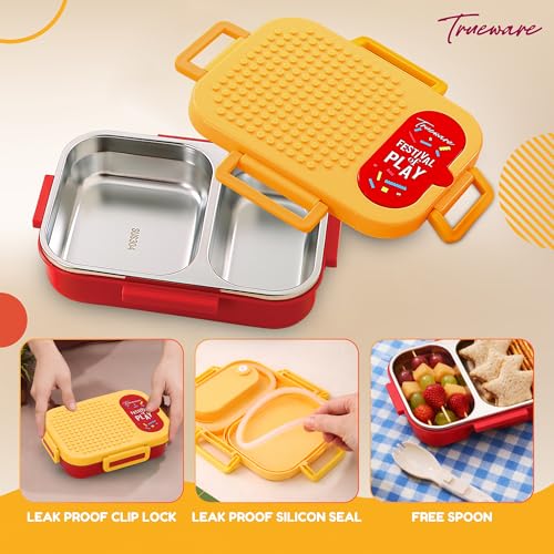 Image of Trueware BRIX Fun Food and Play 304 Stainless Steel PU Insulated Lunch Box with Two Compartment BPA Free, Food Grade Ideal for School, Picnic, Office & Outdoor - 540ml