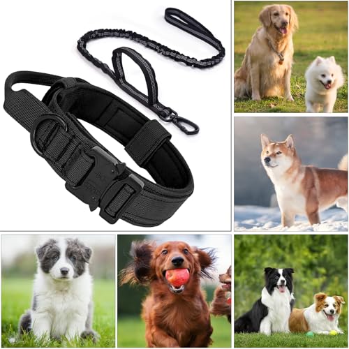Ledeak Taktisches Hundehalsband, gepolstert, atmungsaktiv, weiches Nylon, mit robuster Metallschnalle, verstellbar, Militär-Hundehalsband mit Griff für mittelgroße und große Hunde (Hundehalsband +