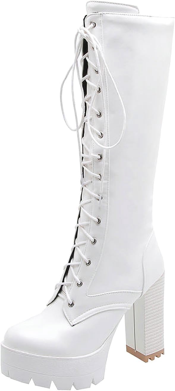 Women's Lace up Platform Chunky Heel Knee High Riding Combat Boots High Heel Round Toe Punk Motorcycle Boots