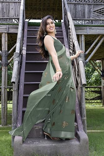Image of MIRCHI FASHION Women Saree Cotton Blend 2-Tone Foil Print | Lightweight Comfortable Office Wear Sari with Blouse Piece