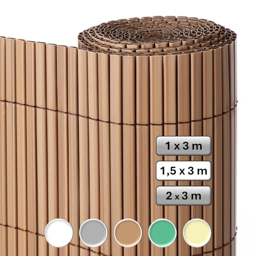 Cañizo PVC de Doble Cara Marrón 3x1,5 metros | Resistente 1.200 gr/m2, Decorativo y Fácil Instalación | Alta Privacidad y Ocultación para Valla, Jardín, Balcón o Terraza