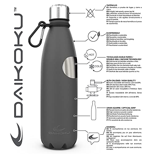 Daikoku Roestvrijstalen Fles + Verstelbare Riem + Karabijnhaak, BPA-vrije dubbelwandige Thermosfles, Herbruikbare Waterfles, Luchtdichte Dop, Kleur Grijs, Inhoud 500 ML - Image 3