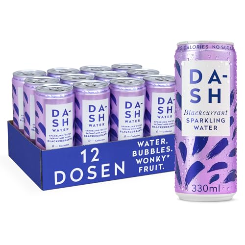 DASH WATER Grosella Negra - 12 latas de agua de manantial con gas y sabor a grosella negra - Sin azúcar, sin edulcorantes, sin calorías - Enriquecida con fruta de la pasión (12 latas de 330 ml)