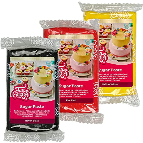 AOS Set | Funcakes Rollfondant 3er Set 750g Deutschland | 250g Schwarz & 250g Rot & 250g Gelb | einfach zu verwenden, glatt, flexibel, weich und biegsam | perfekt zum Dekorieren von Kuchen & Torten