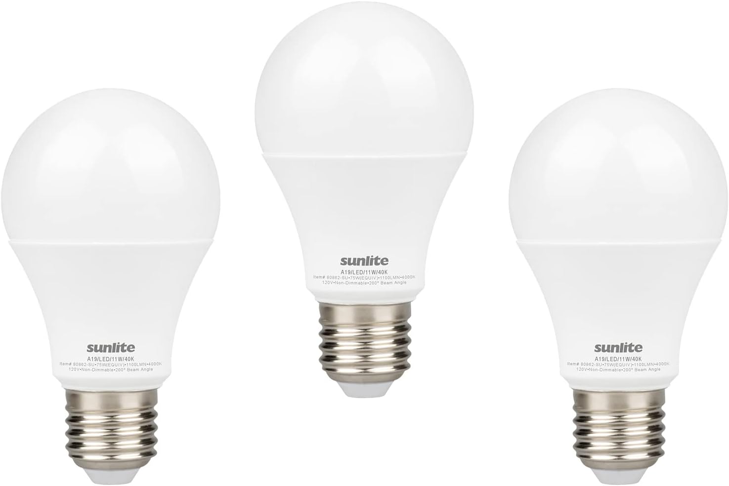 Sunlite 80862-SU LED A19 Light Bulb, Non-Dimmable 11 Watt (75W Equivalent), 1100 Lumens, Medium (E26) Base, UL Listed, 40K - Cool White 3 Pack
