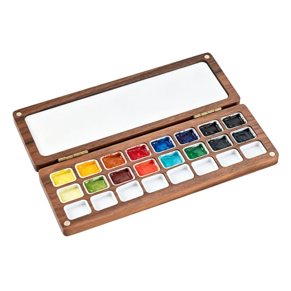 Watercolor Paint Palette, 24 Grid Magnetic Empty Wooden Palette Box