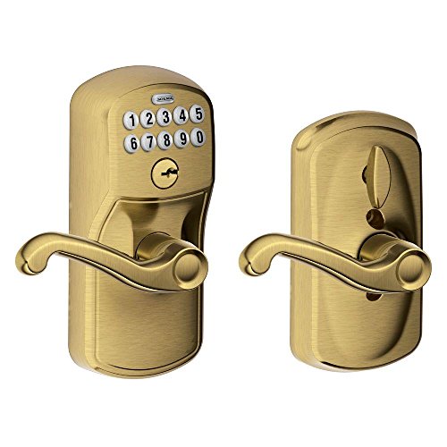 SCHLAGE FE595 PLY 609 FLA Plymouth Keypad Entry with Flex-Lock and Flair Style Levers, Antique Brass